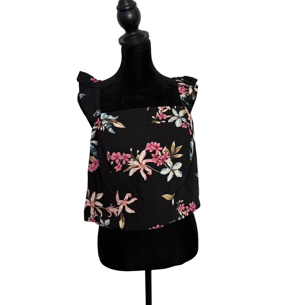 Torrid Black Floral Ruffle Sleeve Smocked Crop Top Size 00 Medium Tropical BOHO